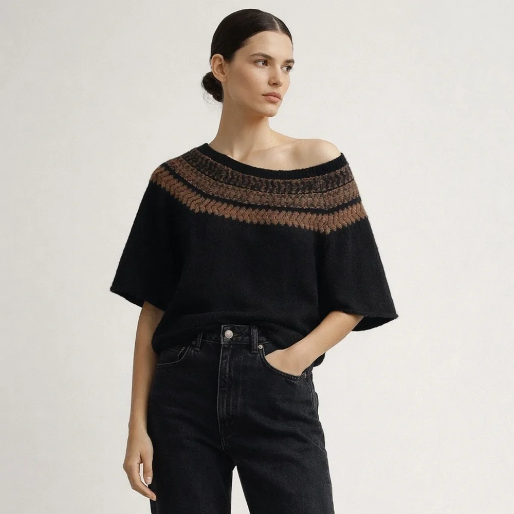 Free People black & brown wool mohair linen blend short sleeve swing sweater. S